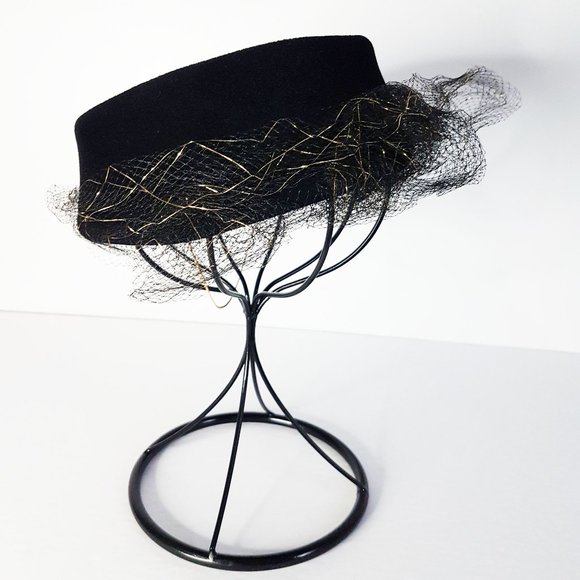 1960s Black Wool Veiled Half Hat, Mid-Century Black Louise Salvail Wool Hat - Picture 1 of 10